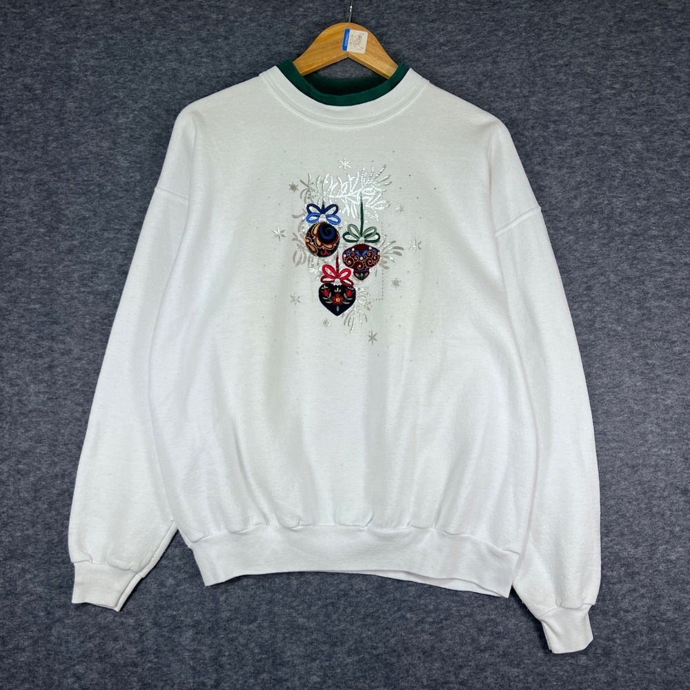 Vintage Top Stitch Morning Sun Christmas Ornament Sweatshirt White Green XL